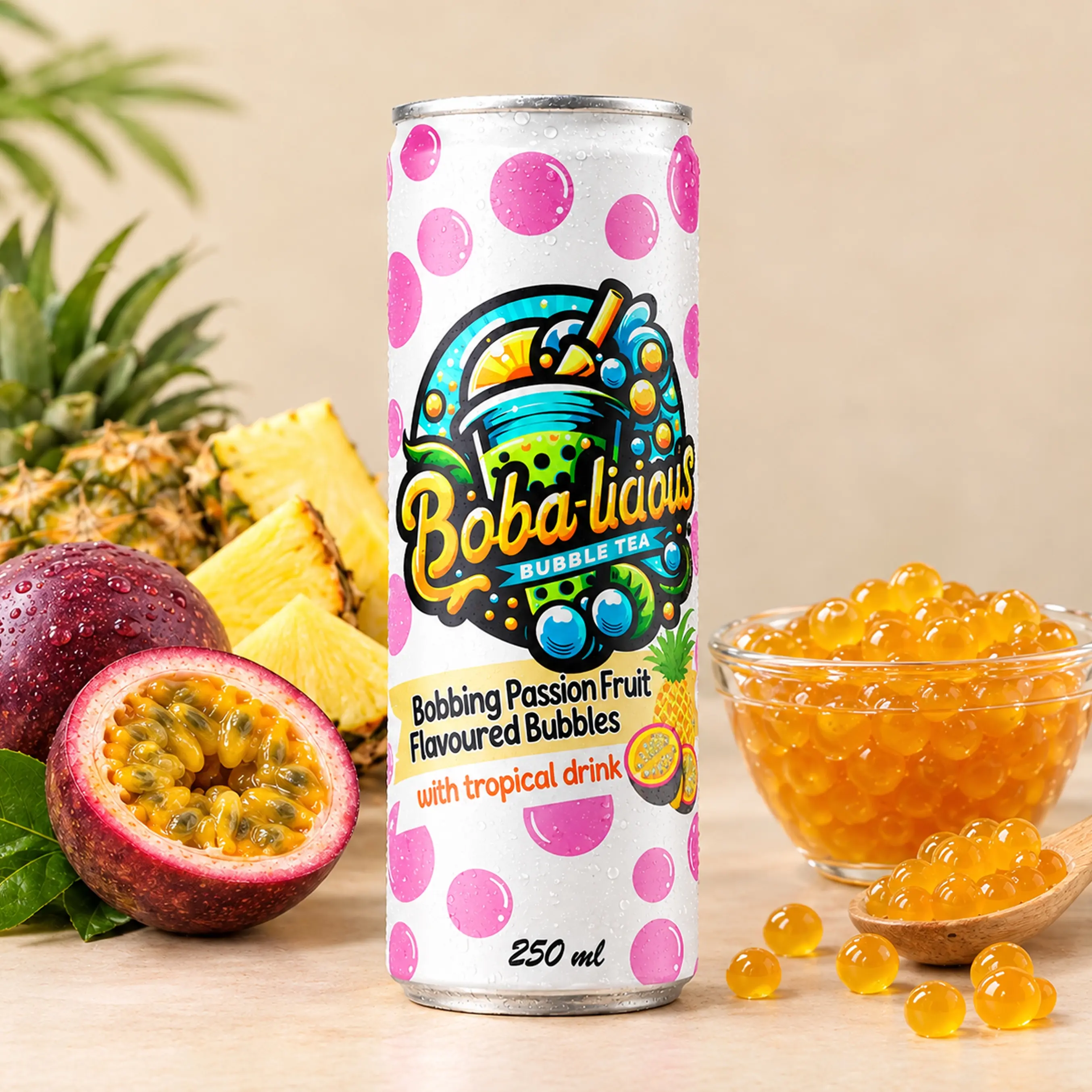 BUBBLE TEA Boba-licious 250 ml can with passion fruit flavoured bubbles, tropical drink, passion fruit, pineapple and popping boba.